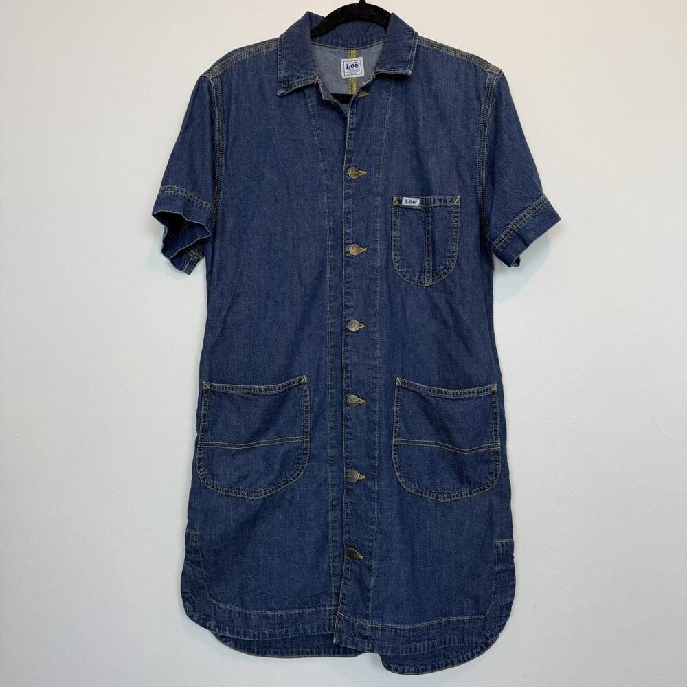 Womens Lee denim mini dress button down style pockets sz xs utility farmhouse